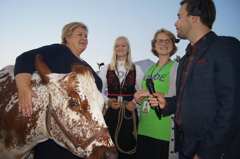 Erna Solberg fikk treffe kua Gulldraum, Hanna Otilie og Kari Lise J. Breivik